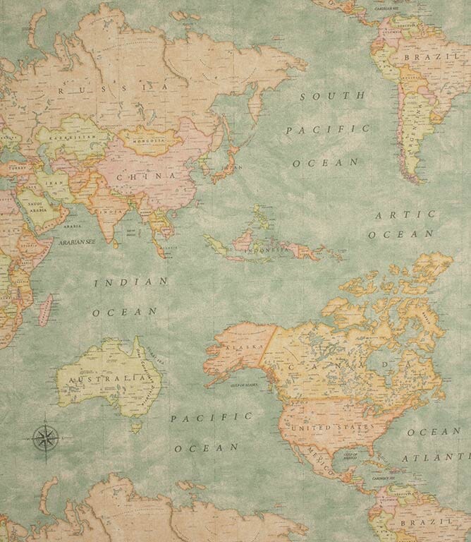 Aqua Vintage Maps Fabric